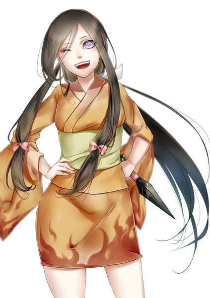 Anime picture 595x842 with naruto studio pierrot naruto (series) hyuuga hanabi tetta (tetta03) single long hair tall image looking at viewer blush open mouth simple background smile brown hair standing white background purple eyes holding payot traditional clothes