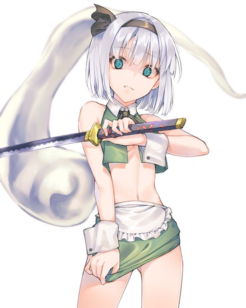 Anime picture 1600x2000 with touhou konpaku youmu myon cha chya single tall image looking at viewer short hair light erotic simple background white background silver hair aqua eyes midriff ass visible through thighs angry girl skirt ribbon (ribbons) weapon
