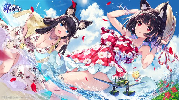 Anime picture 2667x1500 with azur lane manjuu (azur lane) yamashiro (azur lane) fusou (azur lane) sanbasou long hair looking at viewer blush fringe highres short hair breasts open mouth blue eyes light erotic black hair red eyes wide image large breasts bare shoulders