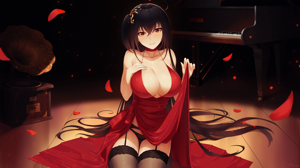 Anime picture 2880x1620 with azur lane taihou (azur lane) taihou (forbidden feast) (azur lane) alexiel (artist) single looking at viewer blush fringe highres breasts light erotic black hair smile hair between eyes red eyes wide image large breasts sitting bare shoulders signed