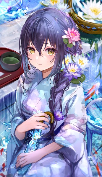 Anime picture 2160x3760 with original puracotte single long hair tall image looking at viewer blush fringe highres hair between eyes holding yellow eyes purple hair braid (braids) nail polish traditional clothes japanese clothes hair flower fingernails light smile
