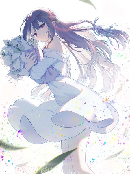 Anime picture 2215x2953 with original slyvia single long hair tall image looking at viewer fringe highres simple background hair between eyes white background purple eyes bare shoulders holding signed braid (braids) light smile wind off shoulder bare legs