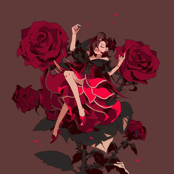 Anime picture 900x900 with original newo (shinra-p) single long hair fringe open mouth simple background brown hair full body eyes closed hair over one eye high heels brown background girl dress flower (flowers) petals rose (roses) red rose corset