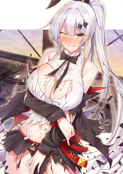 Anime picture 707x1000 with girls frontline five-seven (girls frontline) tanakahazime (artist) single long hair tall image looking at viewer blush fringe breasts light erotic hair between eyes large breasts bare shoulders yellow eyes cleavage silver hair upper body ponytail one eye closed