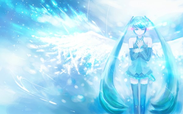 Anime picture 1024x640 with vocaloid hatsune miku isou nagi long hair wide image twintails green eyes green hair wallpaper zettai ryouiki girl thighhighs skirt detached sleeves wings necktie