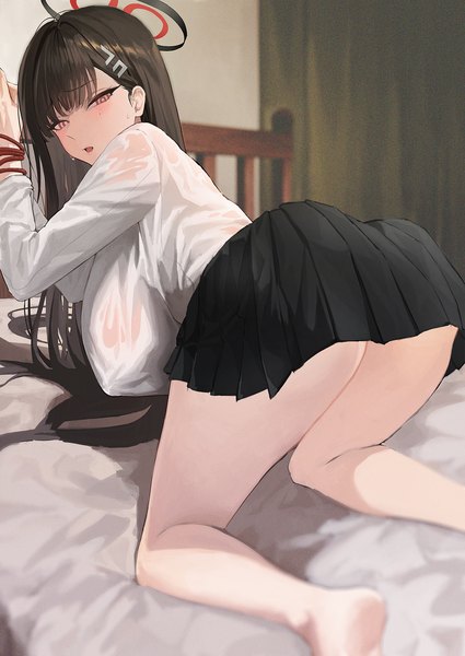 Anime-Bild 1137x1605 mit blue archive rio (blue archive) egoswans single long hair tall image looking at viewer fringe breasts open mouth light erotic black hair red eyes indoors blunt bangs blurry wet kneeling turning head wet clothes