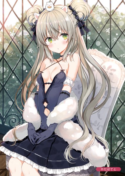 Anime picture 1433x2024 with melonbooks yadapot single long hair tall image looking at viewer blush fringe breasts open mouth light erotic hair between eyes sitting twintails bare shoulders green eyes signed animal ears head tilt grey hair