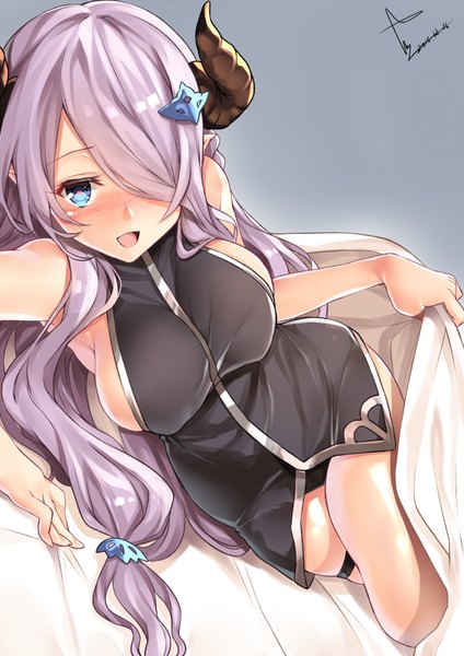 Anime picture 566x800 with granblue fantasy narmaya (granblue fantasy) yappen single long hair tall image looking at viewer blush fringe breasts open mouth blue eyes light erotic simple background smile large breasts signed purple hair lying horn (horns)