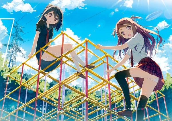 Anime picture 7021x4944 with 5 nenme no houkago (artbook) original kurumi (kantoku) shizuku (kantoku) kantoku long hair looking at viewer blush highres short hair open mouth light erotic black hair smile brown hair sitting multiple girls absurdres sky cloud (clouds)