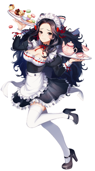 Anime picture 1526x2751 with original yuri (anachronic) single long hair tall image blush black hair full body black eyes maid transparent background girl thighhighs uniform white thighhighs frills headdress maid headdress cup cookie (cookies)