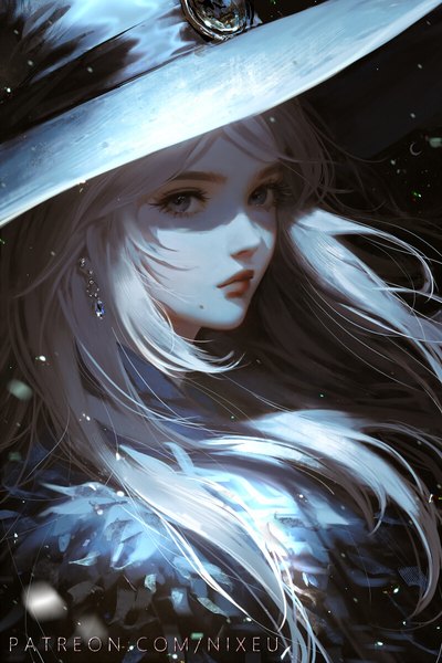 Anime-Bild 800x1200 mit original nixeu single long hair tall image looking at viewer fringe signed silver hair upper body wind lips realistic mole grey eyes portrait shaded face mole under mouth girl hat