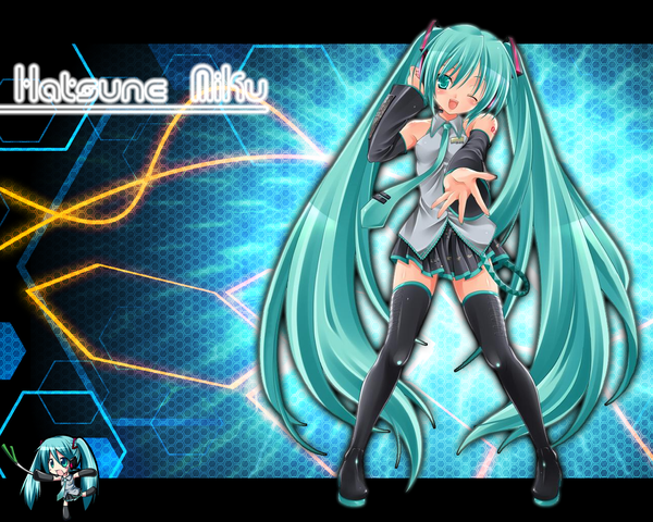Anime picture 1280x1024 with vocaloid hatsune miku chibi jpeg artifacts girl thighhighs leek