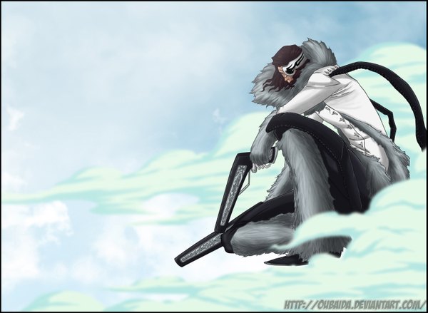 Anime picture 1501x1100 with bleach studio pierrot coyote starrk oubaida single long hair brown hair sky cloud (clouds) sunlight grey eyes coloring espada boy weapon gun fur pistol