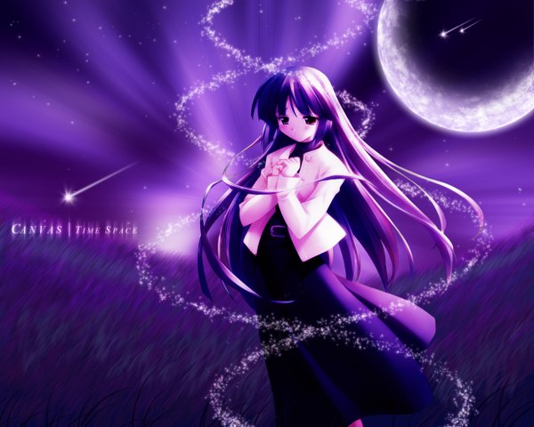 Anime picture 1280x1024 with canvas 2 single long hair purple eyes purple hair inscription night sky copyright name magic girl moon star (stars)