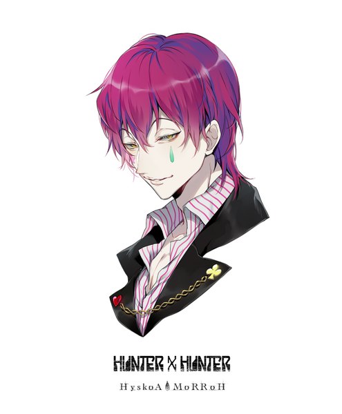 Anime picture 974x1181 with hunter x hunter hisoka (hunter x hunter) ekita xuan single tall image looking at viewer fringe short hair simple background smile hair between eyes white background yellow eyes purple hair upper body copyright name character names facial mark portrait striped