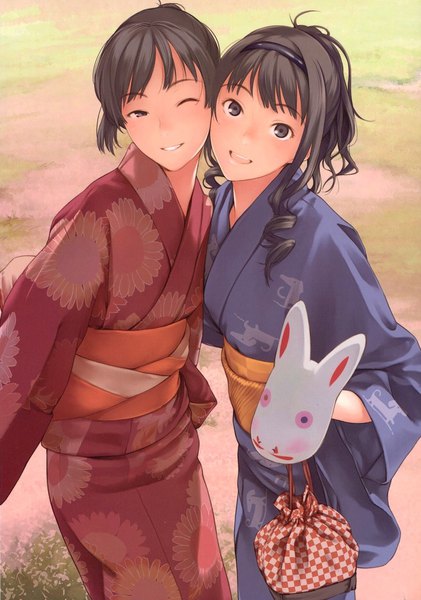 Anime picture 1122x1600 with amagami morishima haruka tsukahara hibiki kamo (gafas) long hair tall image looking at viewer blush fringe short hair open mouth black hair smile standing multiple girls holding outdoors traditional clothes parted lips :d