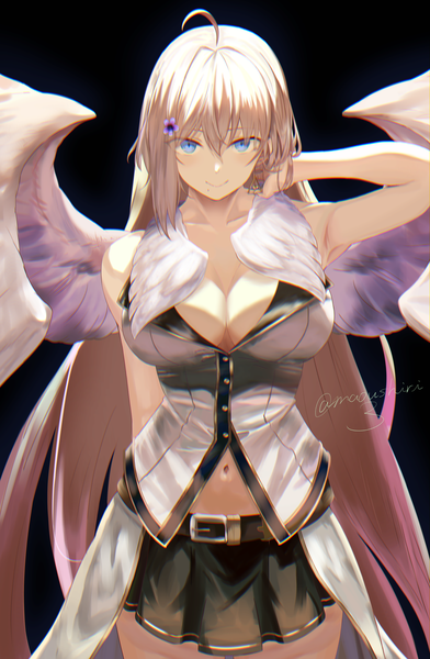 Anime-Bild 3200x4900 mit original maoushiori3 single long hair tall image looking at viewer fringe highres breasts blue eyes light erotic simple background blonde hair smile hair between eyes standing signed absurdres cleavage ahoge