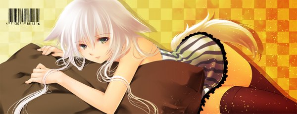 Anime picture 1500x577 with original nacht single long hair looking at viewer blush fringe wide image animal ears silver hair tail lying animal tail aqua eyes girl thighhighs pillow