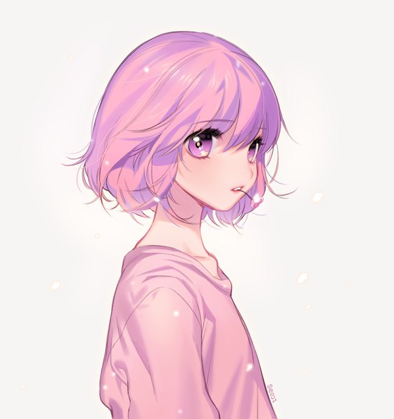 Anime picture 800x851 with original seoji single tall image looking at viewer fringe short hair simple background holding signed pink hair pink eyes wind grey background mouth hold flower in mouth girl flower (flowers)