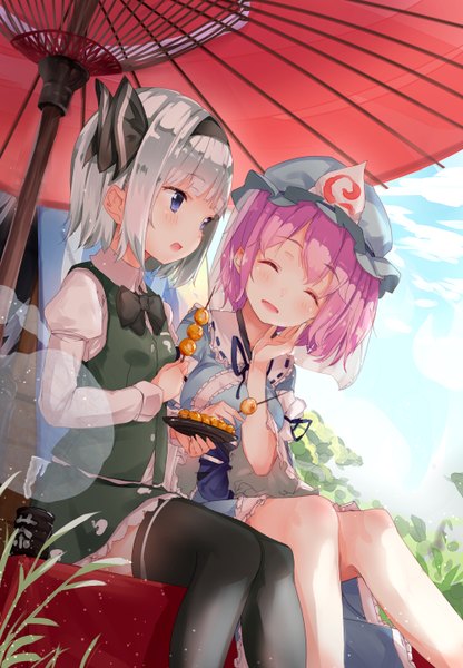 Anime picture 1000x1440 with touhou konpaku youmu saigyouji yuyuko myon yukizumi remon tall image blush short hair breasts open mouth blue eyes sitting multiple girls holding sky purple hair cloud (clouds) bent knee (knees) grey hair zettai ryouiki