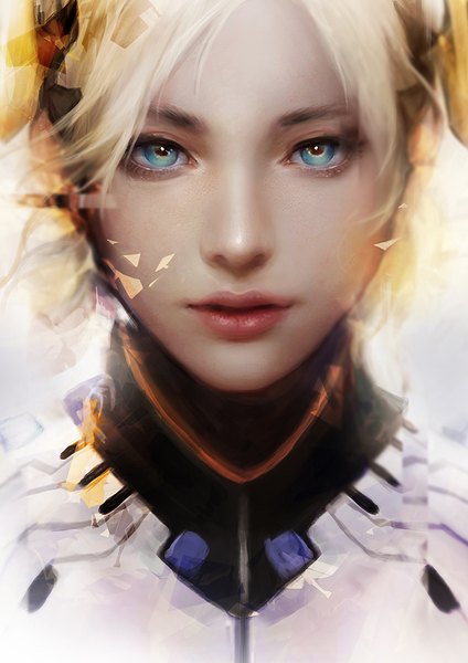 Anime picture 636x900 with overwatch blizzard entertainment mercy (overwatch) muju single tall image looking at viewer short hair blue eyes blonde hair lips realistic lipstick portrait pink lipstick girl
