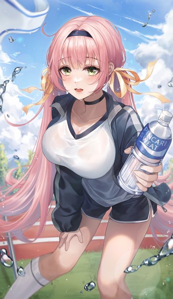 Anime picture 1914x3300 with original pocari sweat pippin sol single long hair tall image looking at viewer blush fringe highres breasts open mouth light erotic large breasts standing twintails holding green eyes pink hair sky
