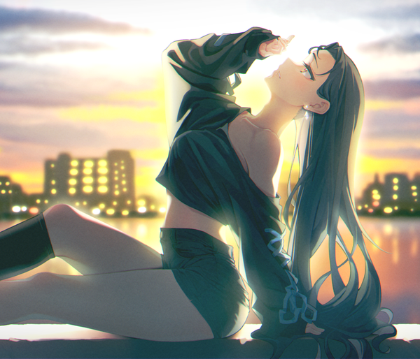 Anime picture 2428x2078 with original agnamore single long hair highres breasts large breasts sitting yellow eyes sky cloud (clouds) outdoors long sleeves parted lips profile arm up green hair off shoulder arm support midriff