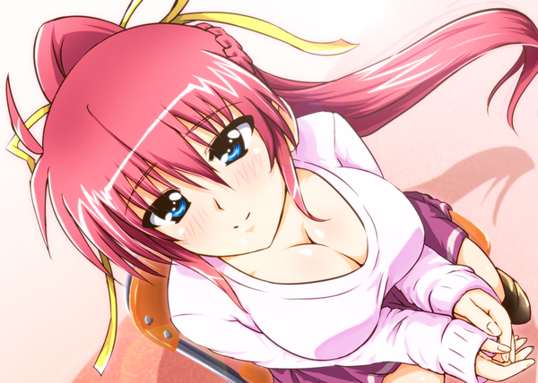 Anime picture 1470x1051 with mahou shoujo lyrical nanoha signum diesel-turbo long hair blush breasts blue eyes light erotic large breasts pink hair ponytail girl ribbon (ribbons) hair ribbon