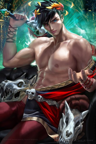 Anime picture 2400x3600 with hades (game) zagreus (hades) sakimichan single tall image looking at viewer fringe highres short hair blue eyes light erotic black hair hair between eyes red eyes sitting holding realistic off shoulder watermark muscle