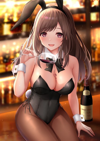 Anime picture 1032x1457 with idolmaster idolmaster shiny colors tsukioka kogane monaka curl single long hair tall image looking at viewer blush fringe breasts open mouth light erotic smile brown hair large breasts sitting bare shoulders brown eyes animal ears