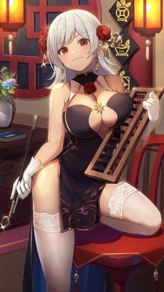 Anime picture 1080x1920 with girl cafe gun lida romero super zombie single long hair tall image looking at viewer fringe breasts light erotic smile red eyes large breasts standing bare shoulders holding payot cleavage silver hair bent knee (knees)