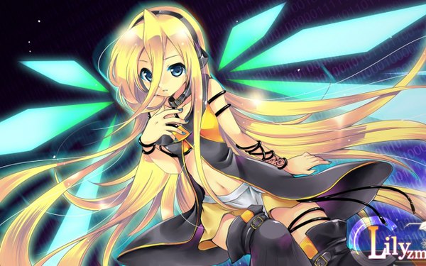 Anime picture 1280x800 with vocaloid lily (vocaloid) child-box single looking at viewer open mouth blue eyes blonde hair wide image very long hair nail polish inscription tattoo girl skirt navel bracelet headphones thigh boots collar