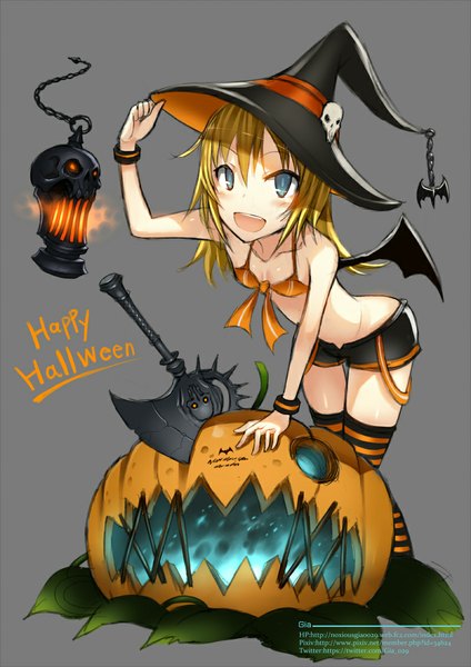 Anime picture 800x1131 with original gia single long hair tall image blush open mouth blue eyes simple background blonde hair signed grey background halloween happy halloween girl thighhighs weapon hat wings bracelet