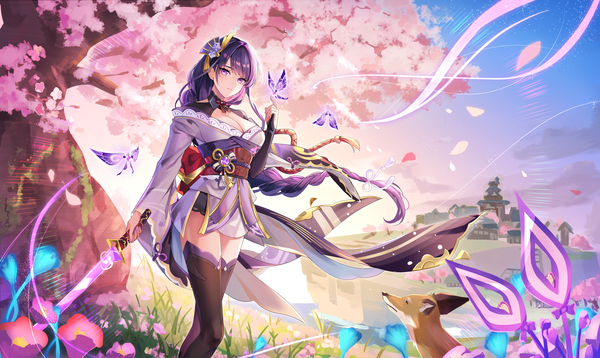 Anime picture 4096x2443 with genshin impact raiden shogun crystalfly (genshin impact) goroo (eneosu) single long hair fringe highres breasts wide image standing purple eyes looking away absurdres cleavage purple hair outdoors braid (braids) traditional clothes japanese clothes