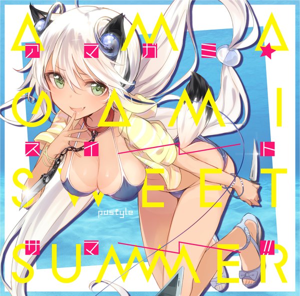 Anime picture 1669x1647 with original kojiki-life single long hair looking at viewer fringe breasts open mouth light erotic hair between eyes holding green eyes animal ears cleavage full body ahoge white hair tail very long hair open clothes