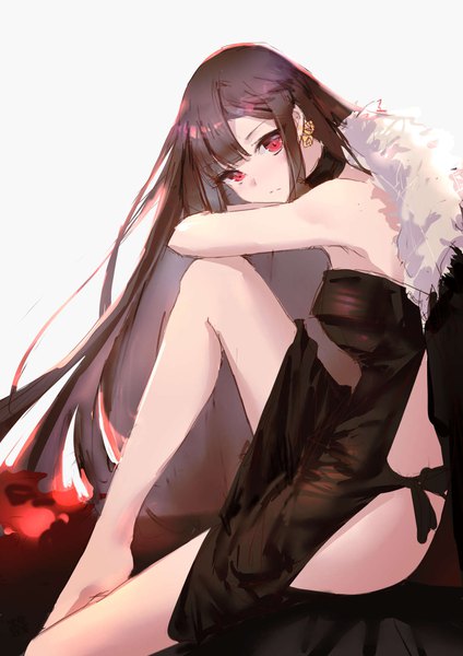 Anime picture 1240x1754 with fate (series) fate/grand order yu mei-ren (fate) xing single long hair tall image looking at viewer blush fringe light erotic simple background red eyes brown hair white background sitting barefoot bare legs fur trim girl