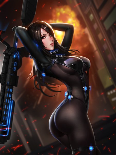 Anime picture 4500x6000 with gantz gonzo shimohira reika liang xing single long hair tall image fringe highres breasts light erotic black hair large breasts standing holding brown eyes absurdres outdoors ass parted lips