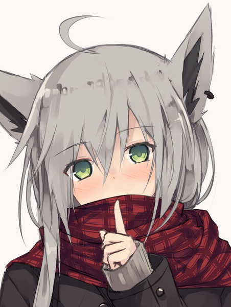 Anime picture 1282x1702 with original nagishiro mito single long hair tall image looking at viewer blush fringe simple background hair between eyes green eyes animal ears ahoge upper body head tilt grey hair grey background fox ears covered mouth girl