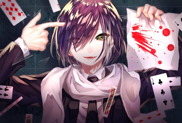 Anime picture 1500x1013 with original gomibako single looking at viewer fringe short hair open mouth smile holding yellow eyes purple hair upper body multicolored hair hair over one eye two-tone hair teeth against wall finger gun bang boy
