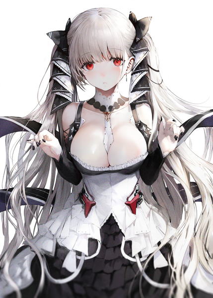 Anime picture 1430x2000 with azur lane formidable (azur lane) iori (cpeilad) single long hair tall image looking at viewer blush fringe breasts light erotic simple background red eyes large breasts standing white background twintails bare shoulders cleavage upper body