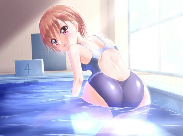 Anime picture 1116x829 with original takuya kame blush short hair open mouth light erotic red eyes brown hair looking back girl swimsuit pool