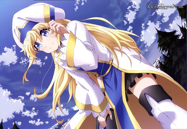 Anime picture 5924x4093 with goblin slayer! megami magazine priestess (goblin slayer!) fujioka mitsunori single long hair blush highres blue eyes blonde hair looking away absurdres sky cloud (clouds) scan official art leaning leaning forward copyright name adjusting hair