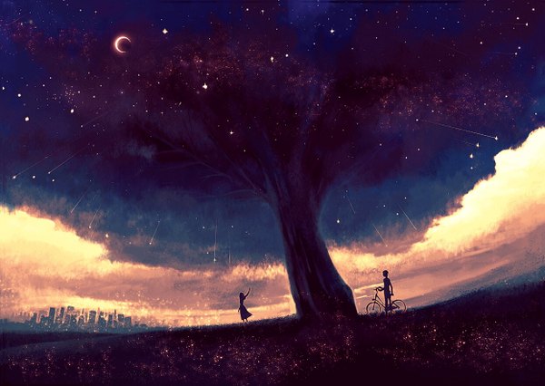 Anime picture 1246x886 with original aohato (artist) long hair standing sky cloud (clouds) wind glow crescent silhouette soft beauty meteor rain girl dress boy plant (plants) tree (trees) building (buildings) moon star (stars)