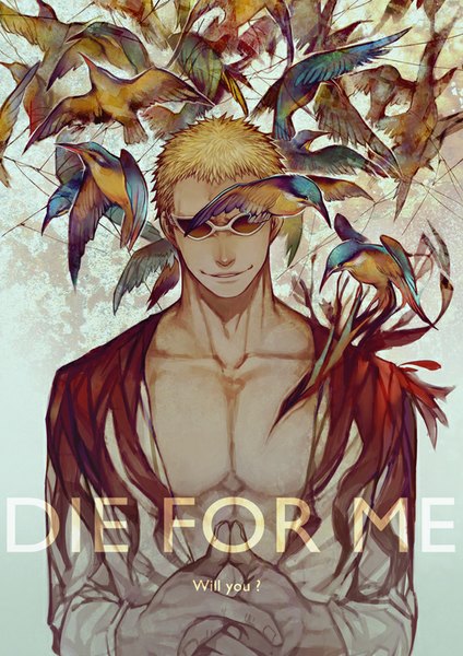 Anime picture 600x849 with one piece toei animation donquixote doflamingo mescaline single tall image looking at viewer short hair blonde hair smile inscription open clothes open shirt text english boy animal shirt bird (birds) sunglasses
