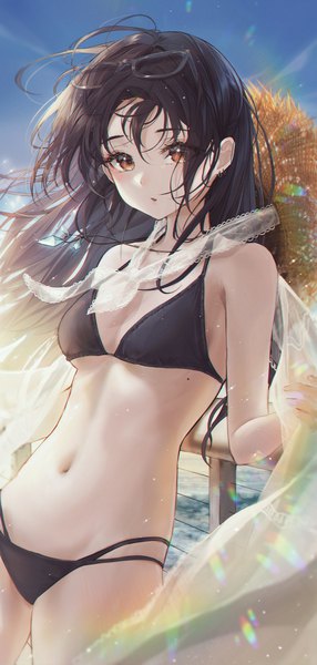 Anime picture 2262x4745 with original bbeedol single long hair tall image looking at viewer blush fringe highres breasts open mouth black hair hair between eyes standing brown eyes sky outdoors wind mole lens flare