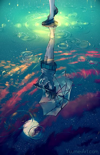 Anime picture 750x1156 with original yuumei single long hair tall image fringe black hair holding sky cloud (clouds) outdoors pleated skirt night text reflection looking up rain english walking ripples