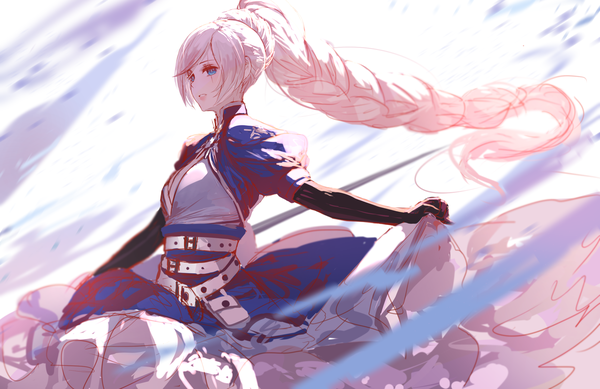 Anime picture 2344x1520 with rwby rooster teeth weiss schnee dishwasher1910 single long hair fringe highres blue eyes simple background standing white background looking away white hair braid (braids) wind puffy sleeves single braid scar dress lift