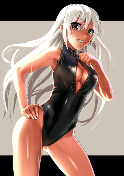 Anime picture 566x800 with original katahira masashi single long hair tall image looking at viewer blush breasts light erotic brown eyes cleavage white hair hand on hip light girl swimsuit one-piece swimsuit zipper black swimsuit front zipper swimsuit