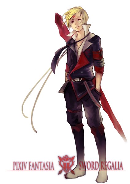 Anime picture 2480x3507 with original pixiv fantasia pixiv fantasia sword regalia joseph lee single tall image highres short hair blonde hair smile red eyes standing light smile wind open collar hands in pockets face paint boy shirt necktie