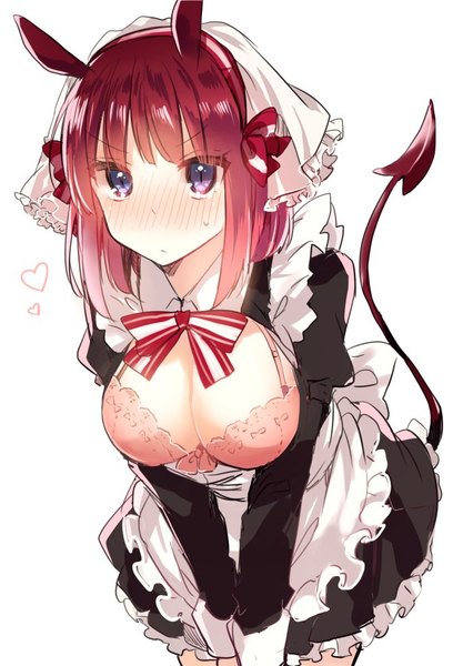 Anime picture 700x986 with original ikeuchi tanuma single tall image looking at viewer blush short hair breasts light erotic simple background large breasts white background purple eyes purple hair tail maid leaning embarrassed leaning forward demon tail